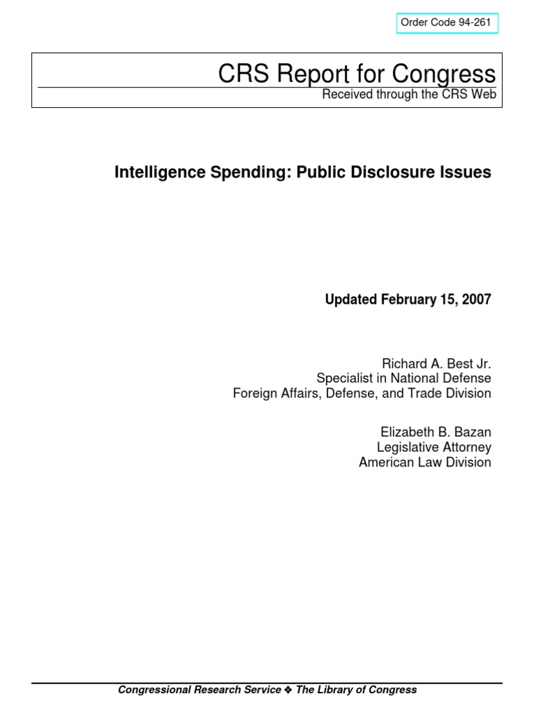 CRS Report For Congress: Intelligence Spending: Public Disclosure ...
