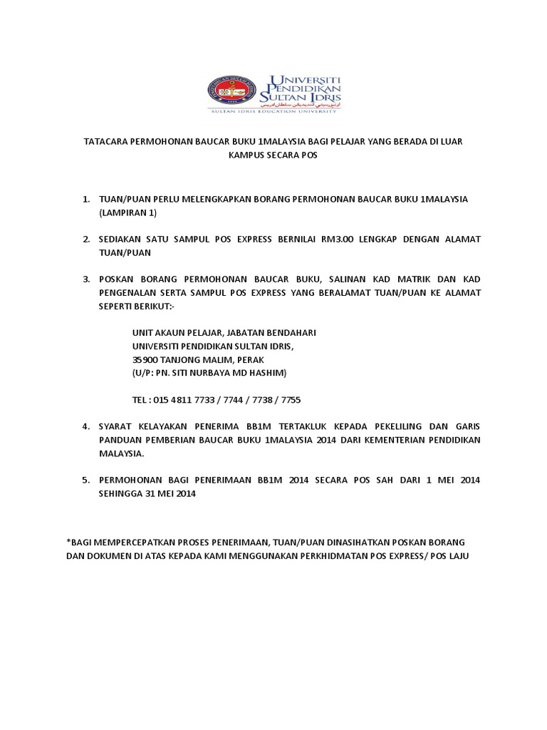 Tatacara Permohonan Baucar Buku 1malaysia Secara Pos Pdf
