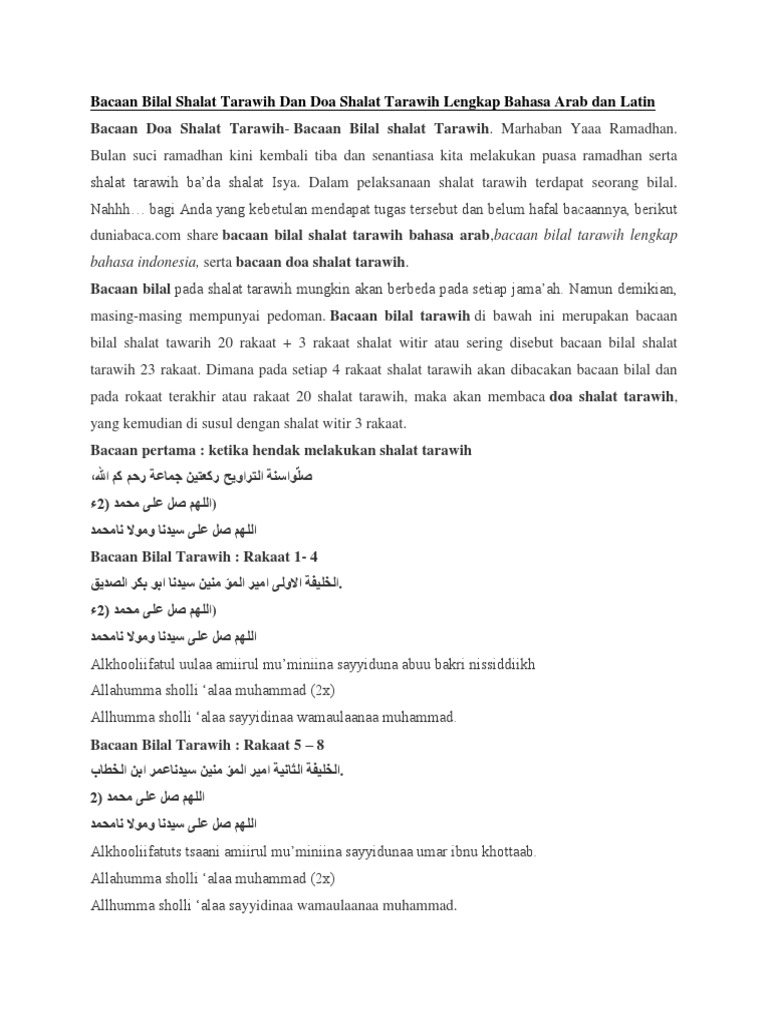 Bacaan Bilal Shalat Tarawih Dan Doa Shalat Tarawih Lengkap 