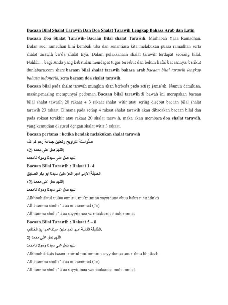 Bacaan Bilal Shalat Tarawih Dan Doa Shalat Tarawih Lengkap