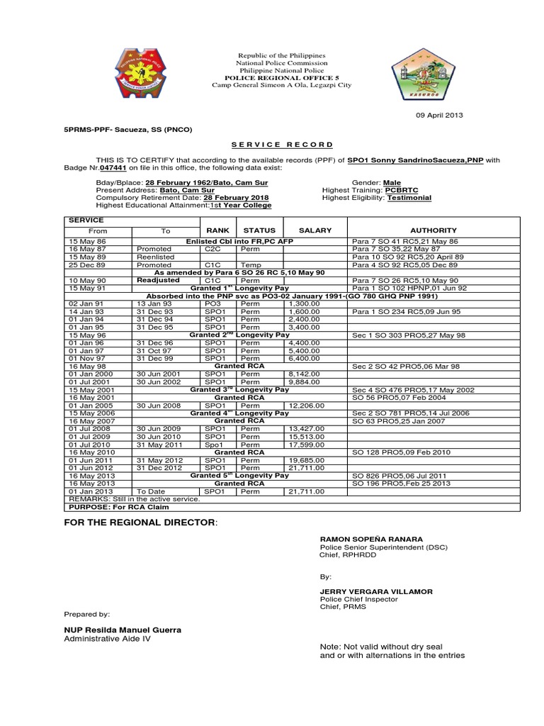 PNP Service Record of SPO1 Sacueza | PDF | Inspector | Public Services