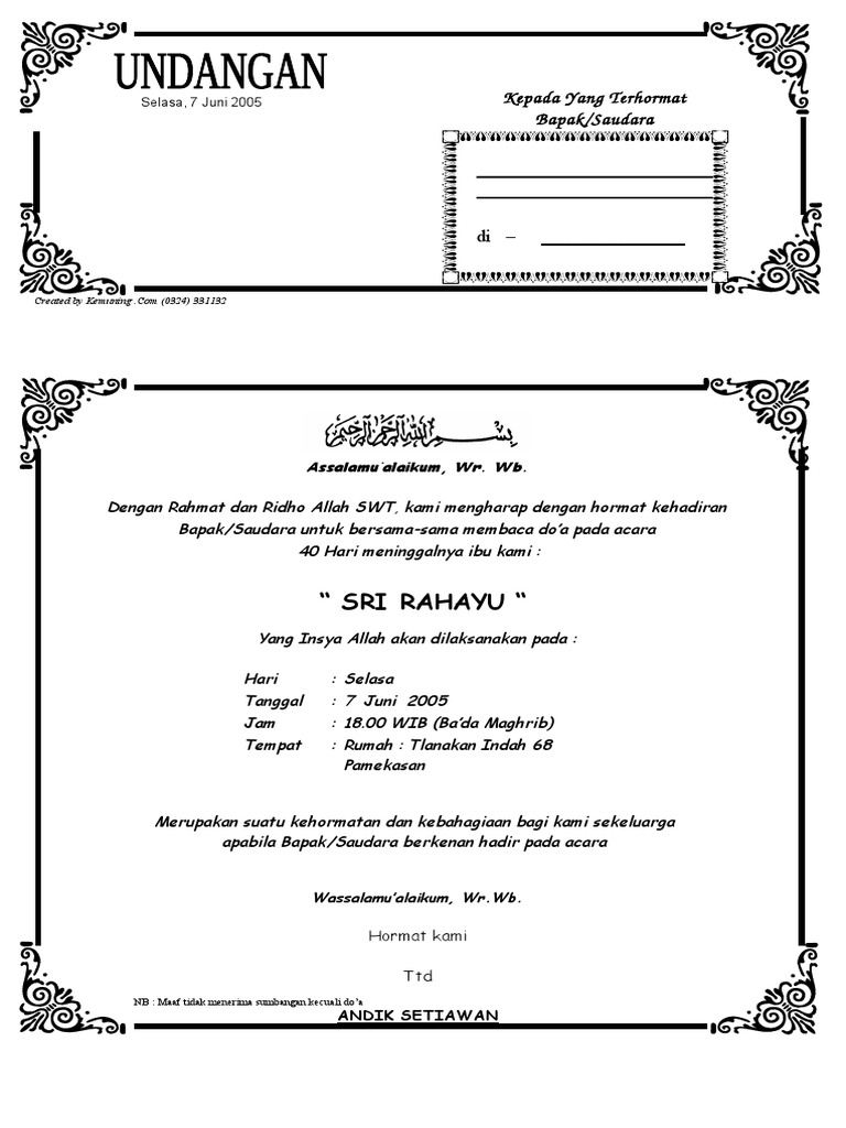 Contoh Undangan Tahlilan 40 Hari Meninggalnya