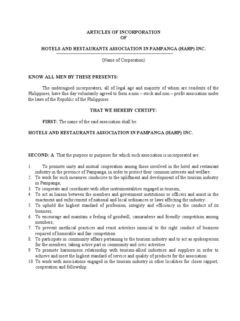 Hotel Articles of Inc PDF
