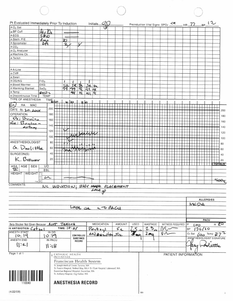 Anesthesia Record Overview | PDF