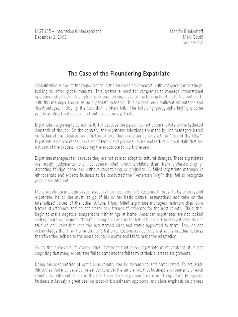 The Case of The Floundering Expatriate PDF Social Psychology Psychological Concepts