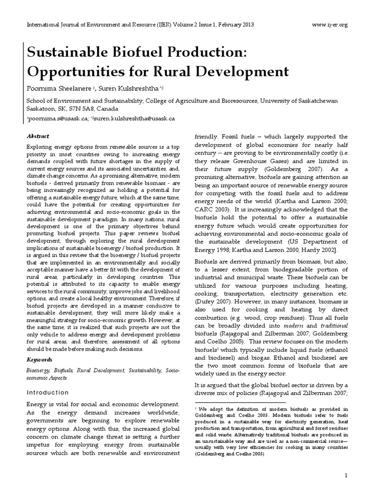 Sustainable Biofuel Production: Opportunities For Rural Development ...