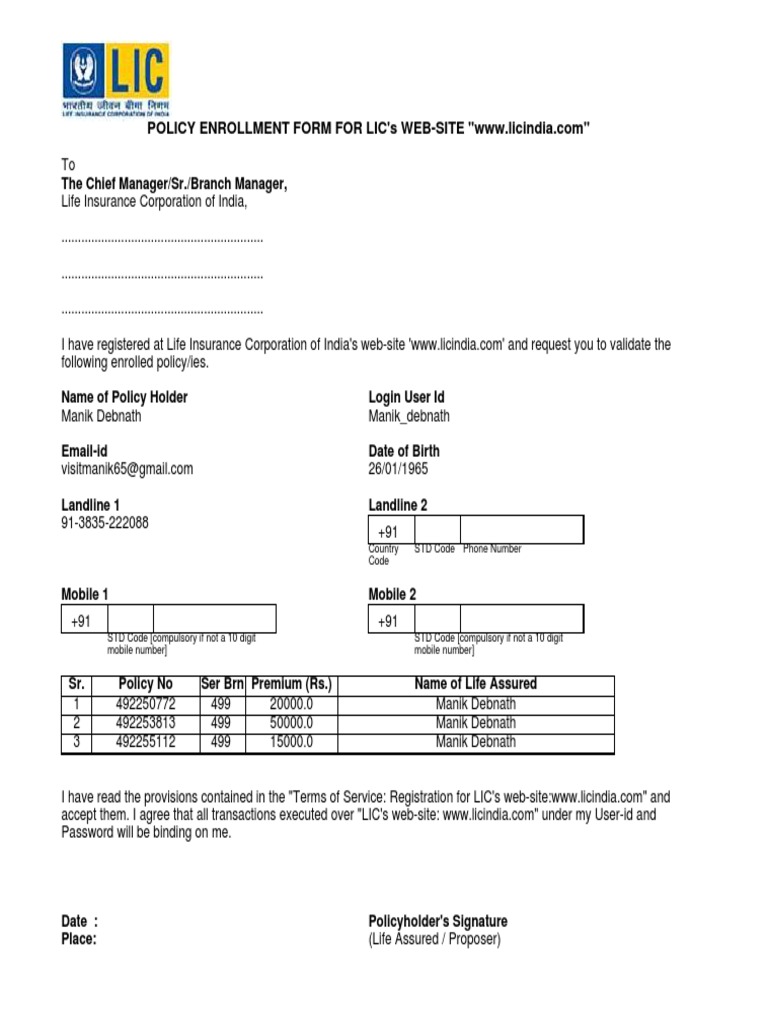 LIC Policy Enrollment Form Guide | PDF | Insurance | Password