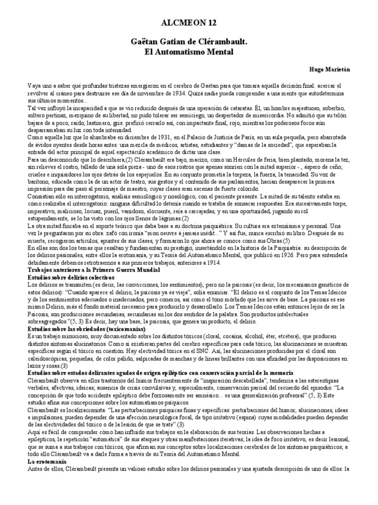 Teoría del Automatismo Mental de Clérambault | PDF | Esquizofrenia | Engaño