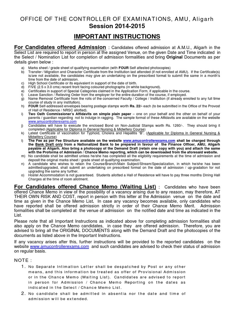 AMU - Documents Admission | PDF | University And College Admission ...