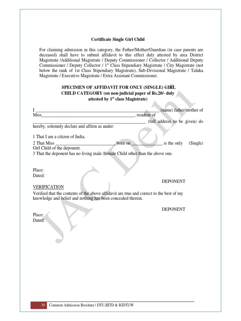 JAC Delhi Certificate for Availing Admission Agains Single Girl Child