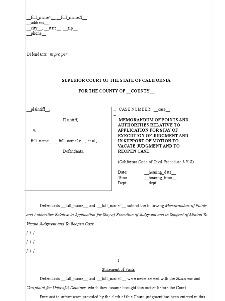 Ex Parte Memo of Points Authorities PDF Judgment (Law) Complaint