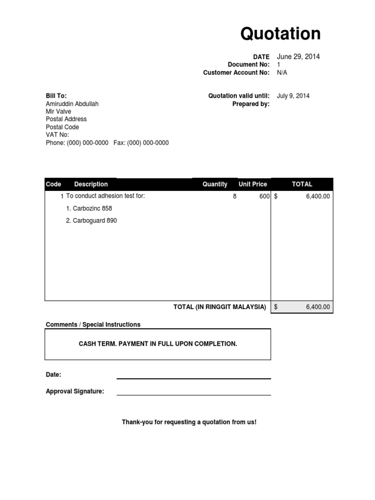 Quotation: Code Description Quantity Unit Price Total PDF