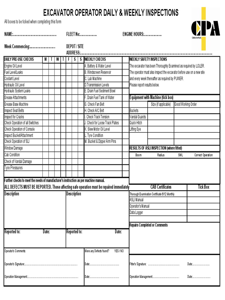 Excavator Check Sheet PDF Mechanical Engineering Vehicles