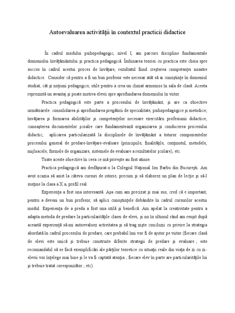 Autoevaluarea Activităţii in Contextul Practicii Didactice | PDF