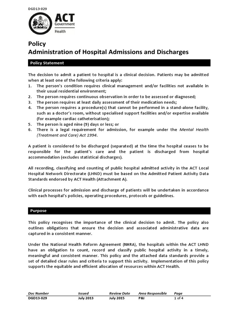 Administration of Hospital Admissions and Discharges Policy Patient