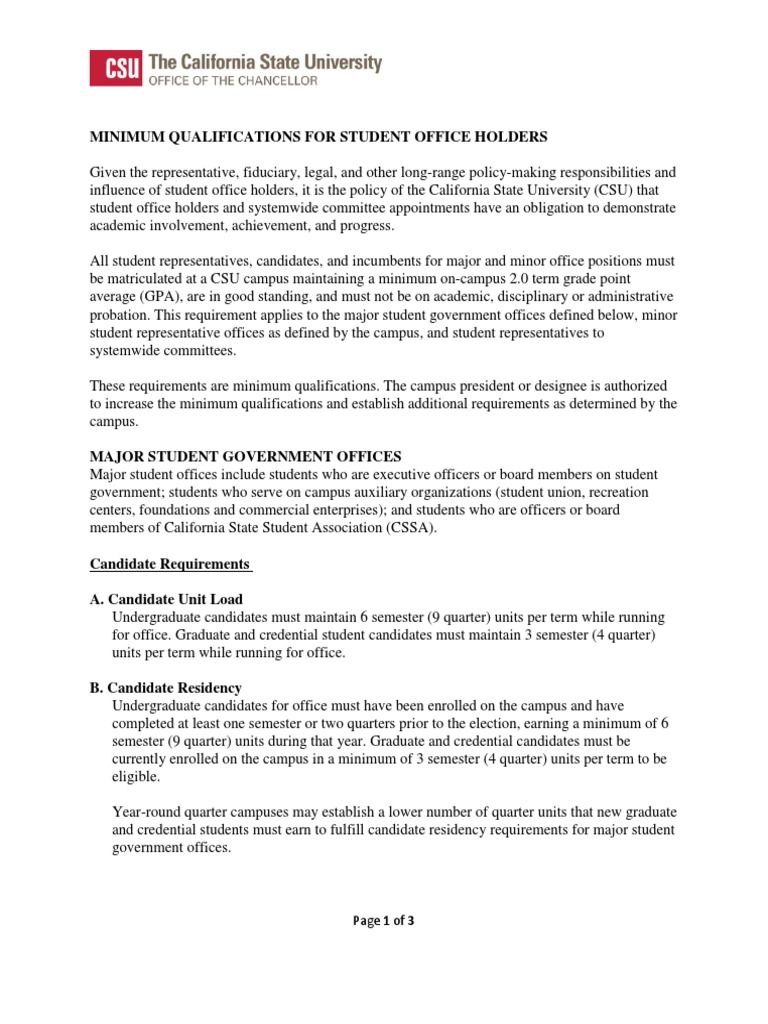 Minimum Qualifications For Student Office Holders: Page 1 of 3 | PDF ...