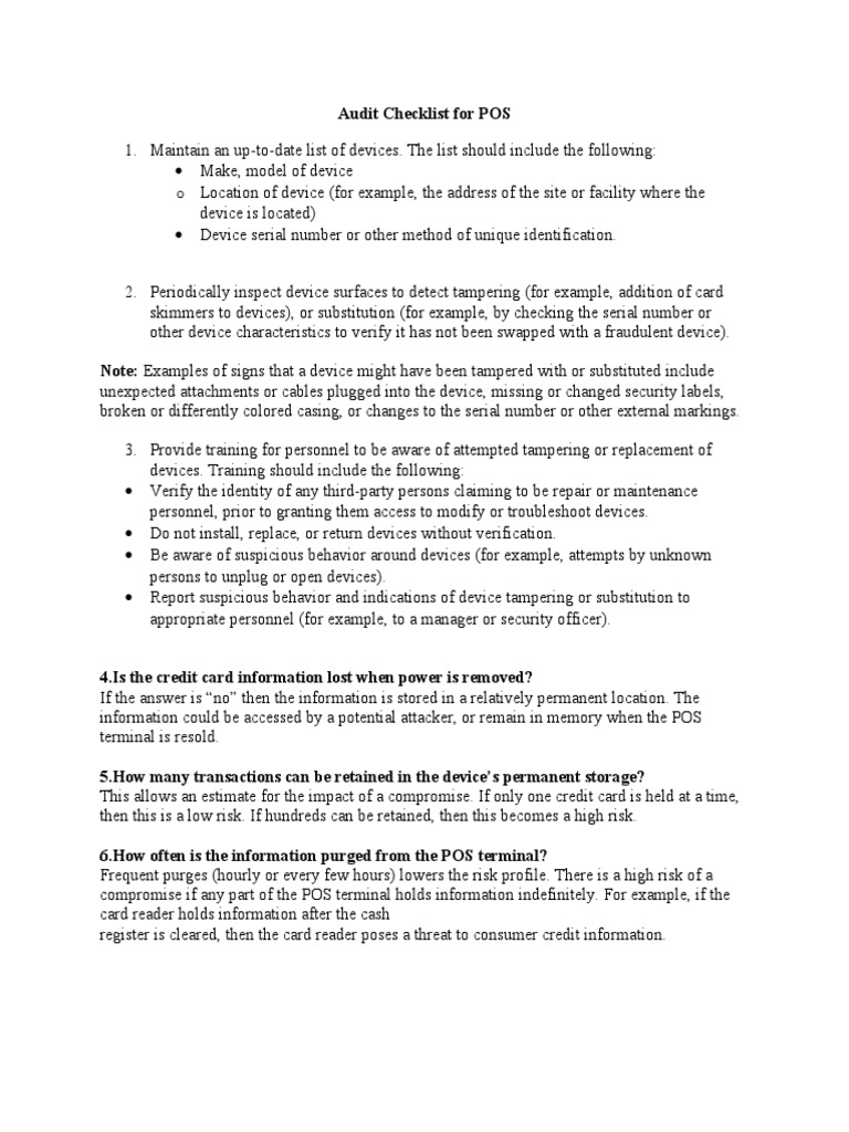 POS Security Audit Checklist | PDF | Password | Point Of Sale