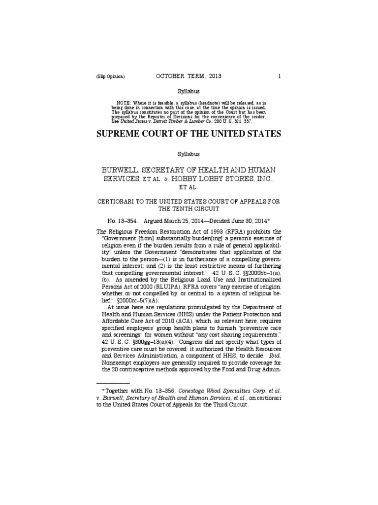 Burwell v. Hobby Lobby PDF First Amendment To The United States