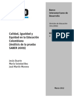 Calidad Igualdad y Equidad en La Educacion Colombiana (Analisis de La Prueba SABER 2009)