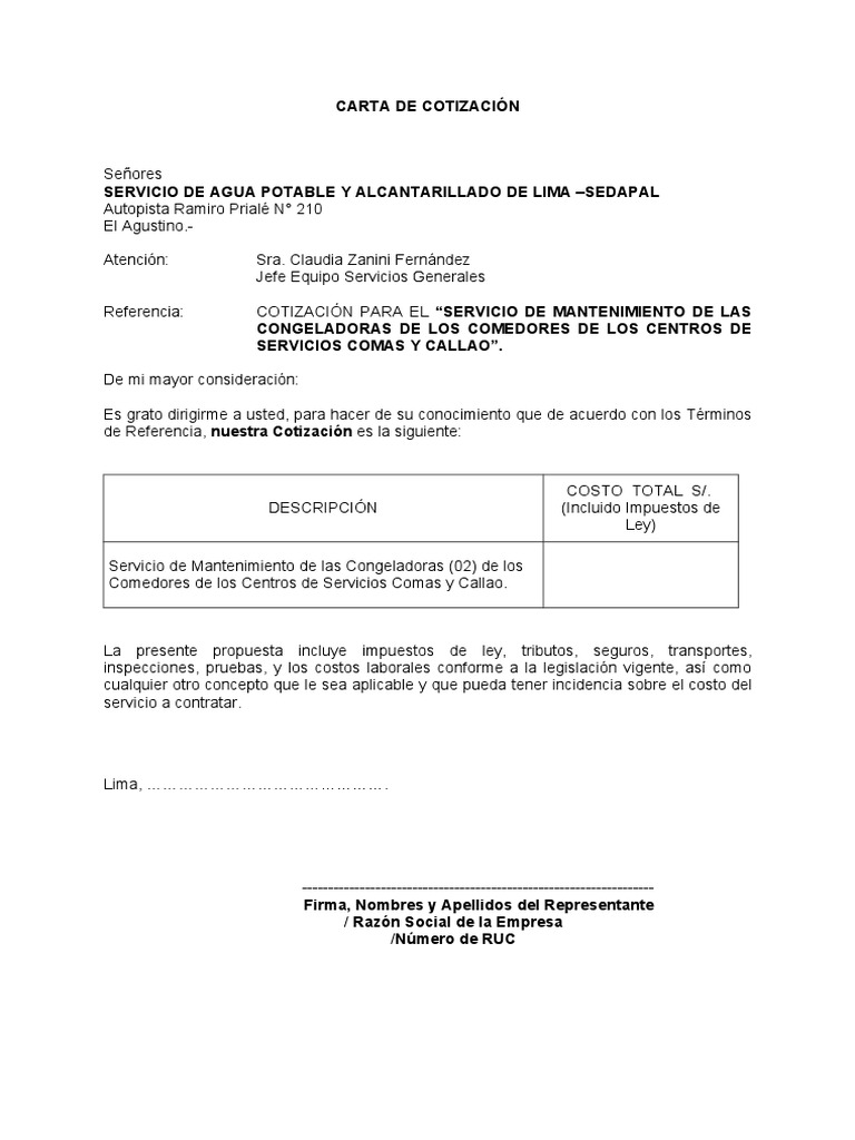 Modelo Carta Cotización - Servicio Mantenimiento 2 Congeladoras | PDF