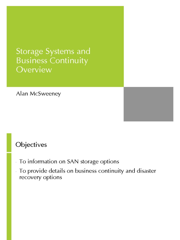 Storage, SAN and Business Continuity Overview PDF Backup