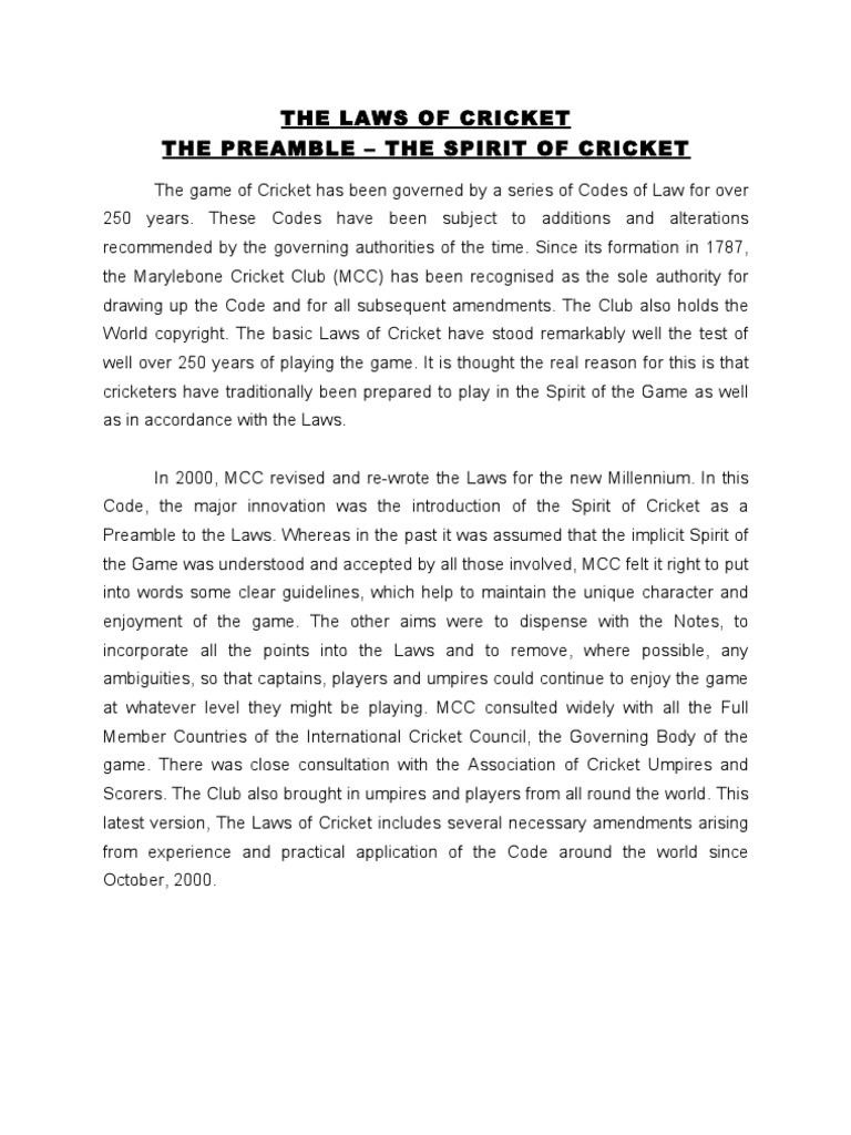 The Laws of Cricket The Preamble - The Spirit of | PDF | Marylebone ...