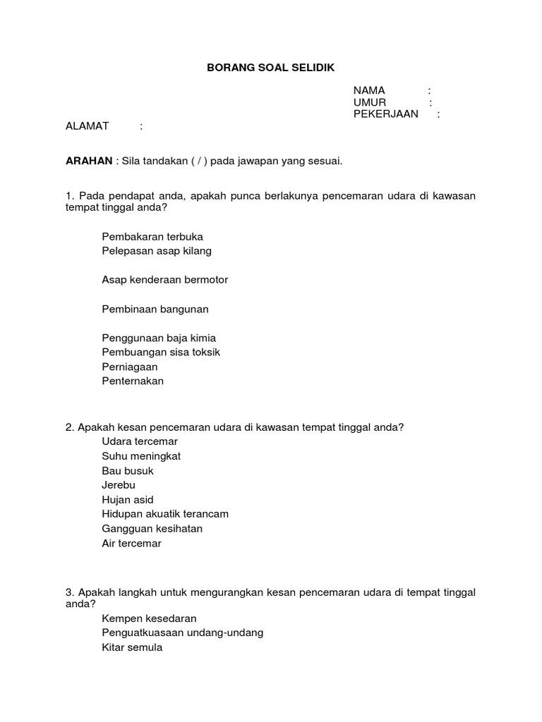 Pengangkutan Awam Contoh Borang Soal Selidik Geografi 