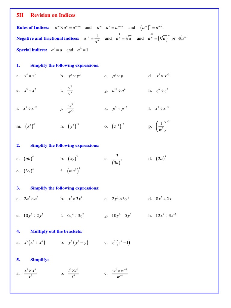 Indices Rules and Simplification Exercises | PDF | Argentine Sport ...