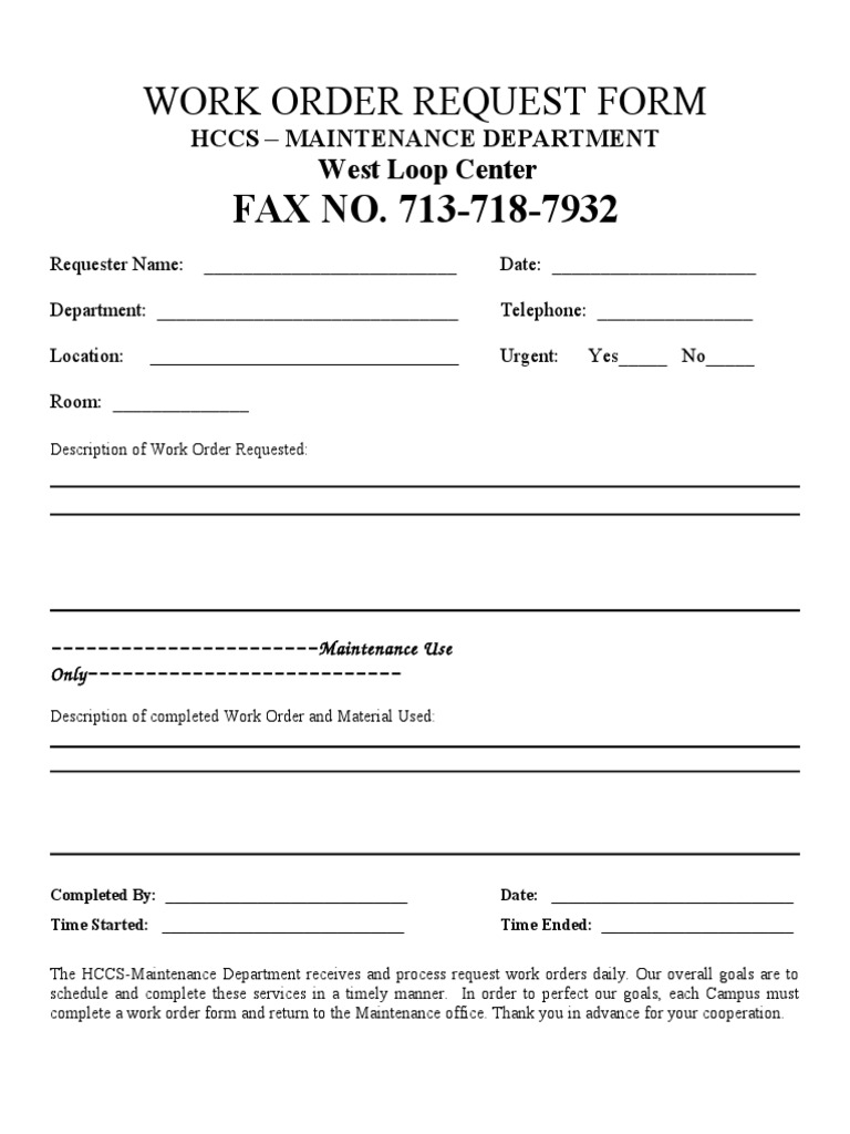 HCCS Maintenance Work Order Form | PDF