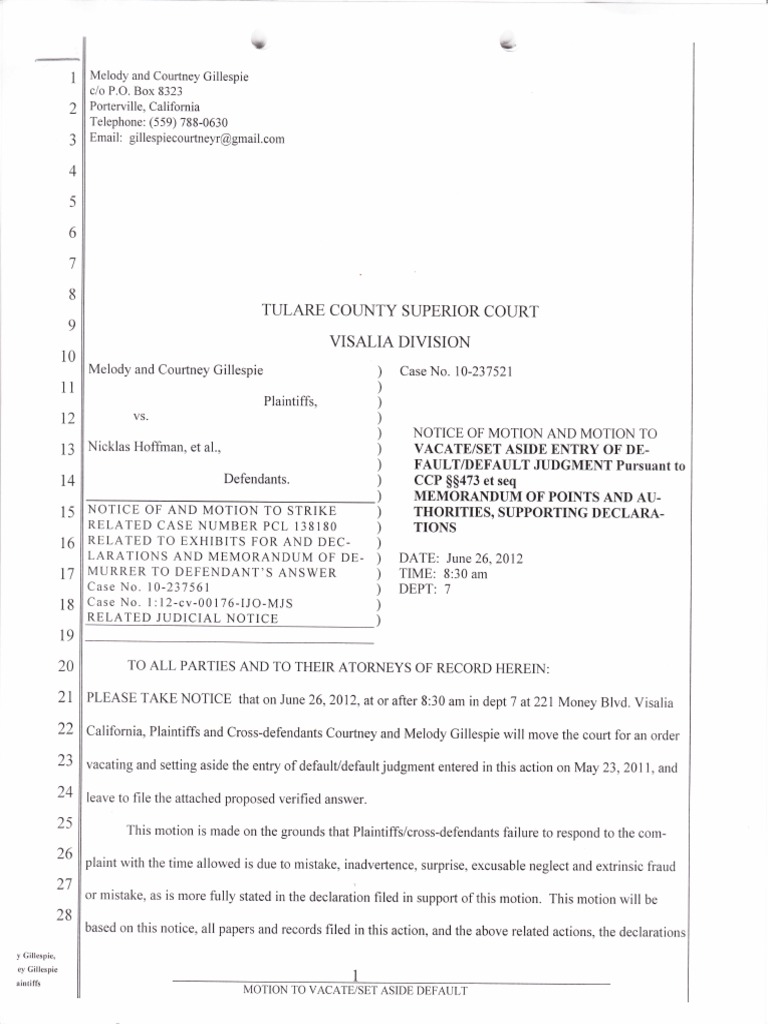 Motion to Vacate Default Judgment Demurrer