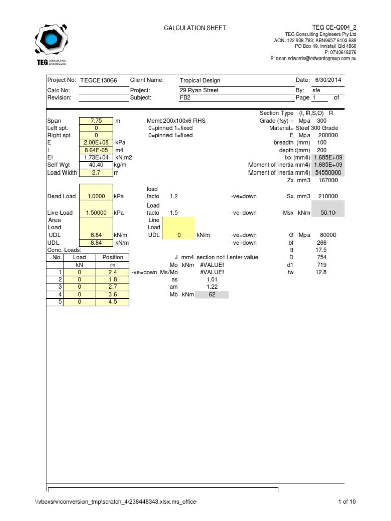 Innisfail Engineering Calculation Sheet | PDF