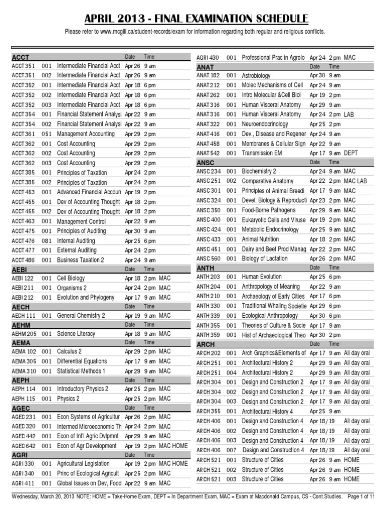 McGill Final Exam Schedule April 2013 PDF Teaching Mathematics