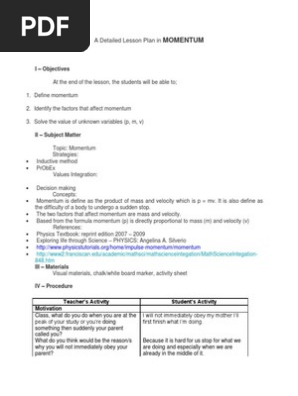 A Detailed Lesson Plan in Momentum
