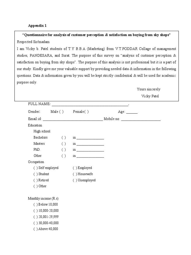 Questionnaire For Analysis of Customer Perception & Satisfaction On ...