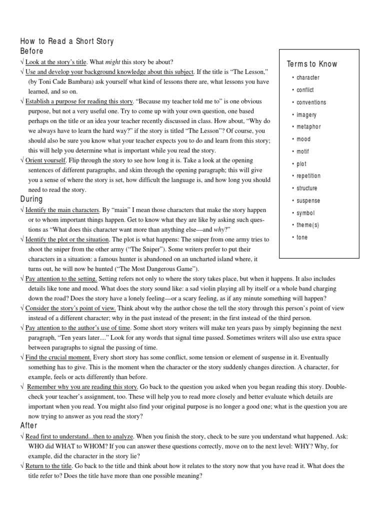 How To Read A Short Story Before Terms To Know PDF Narration