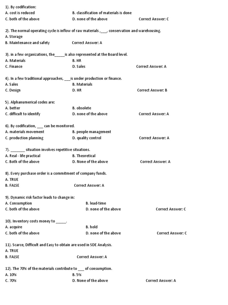 Purchase & Materials Management Quiz PDF Inventory Reliability