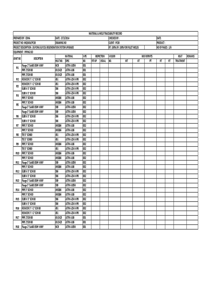 5 Material and Traceability Record Pipe (Fluid Conveyance) Welding