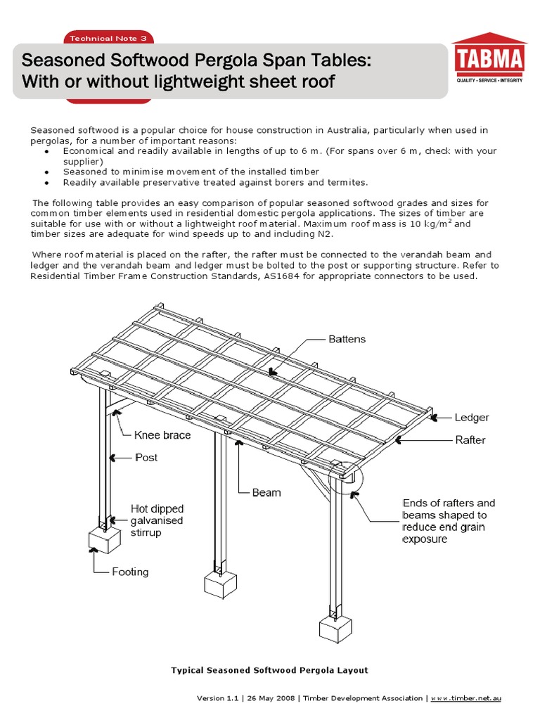 TABMA Technical Note 3 - Pergola Span Tables | PDF | Lumber | Framing ...