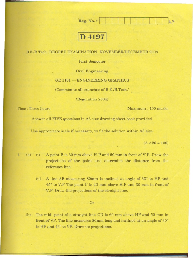 GE 1101 Engineering Graphics Exam Guide | PDF | Geometry | Space