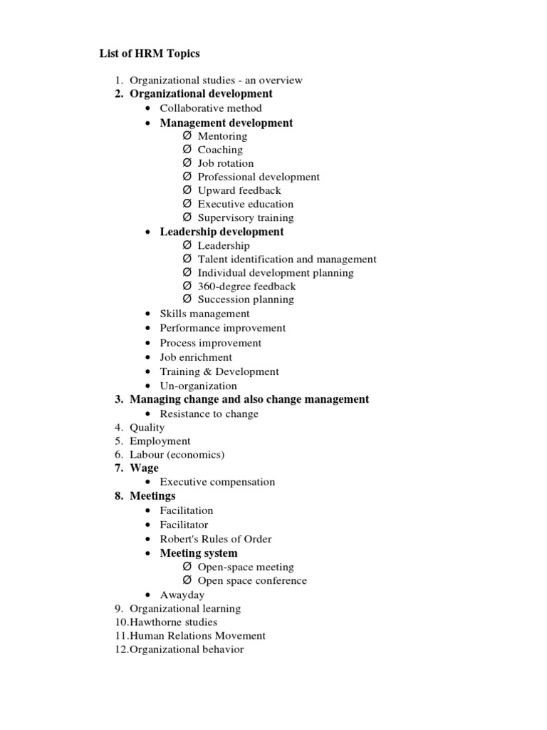 List of HRM Topics PDF Human Resource Management Industrial And
