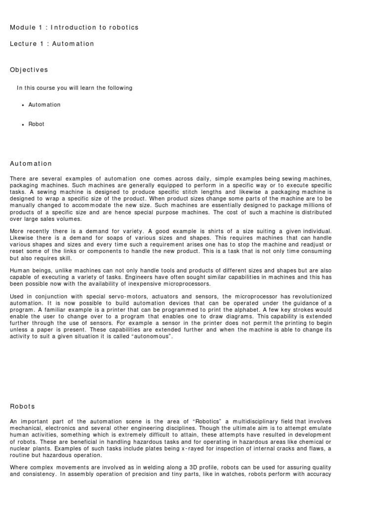 Module 1 Introduction To Robotics Lecture 1 Automation Pdf Robot
