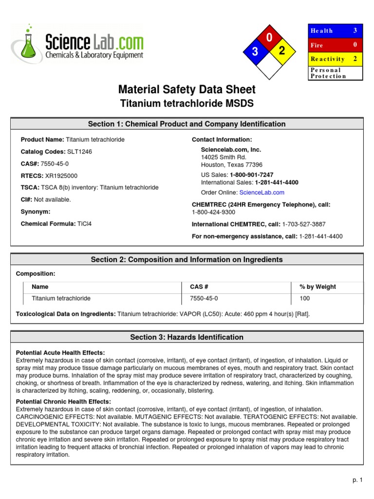 Titanium Tetrachloride MSDS Section 1 Chemical Product and Company