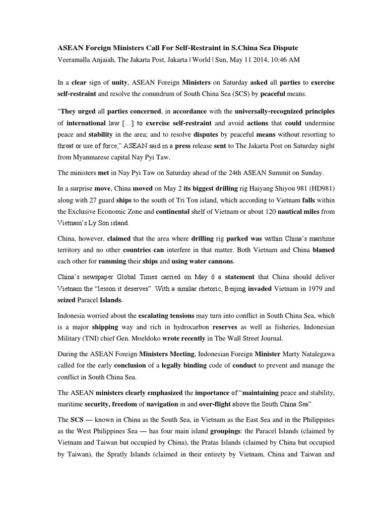 ASEAN Urges Restraint in South China Sea | PDF | South China Sea ...