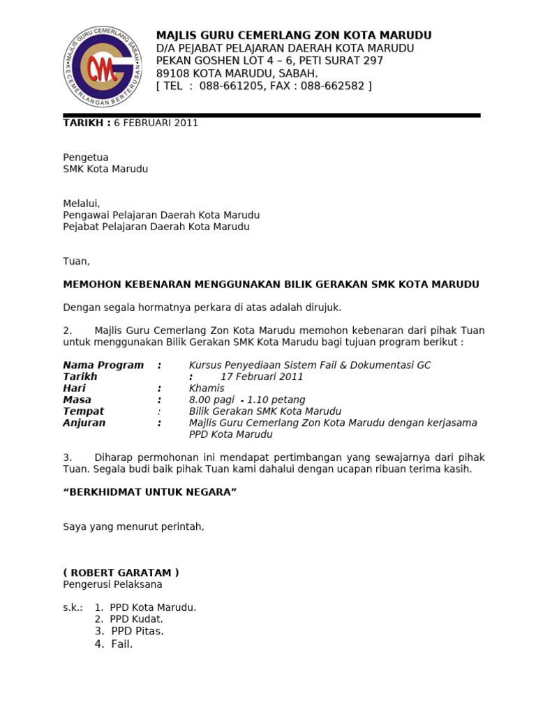 Surat Memohon Menggunakan Bilik Gerakan Smk Kota Marudu Pdf