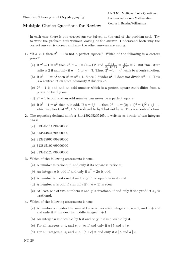 Multiple Choice Questions For Review | PDF | Factorization | Prime Number