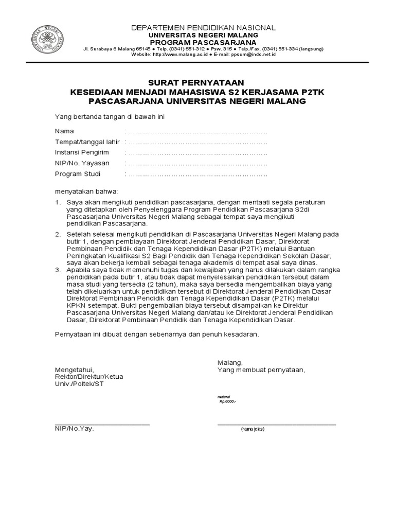 Surat Pernyataan Calon Mahasiswa P2tk