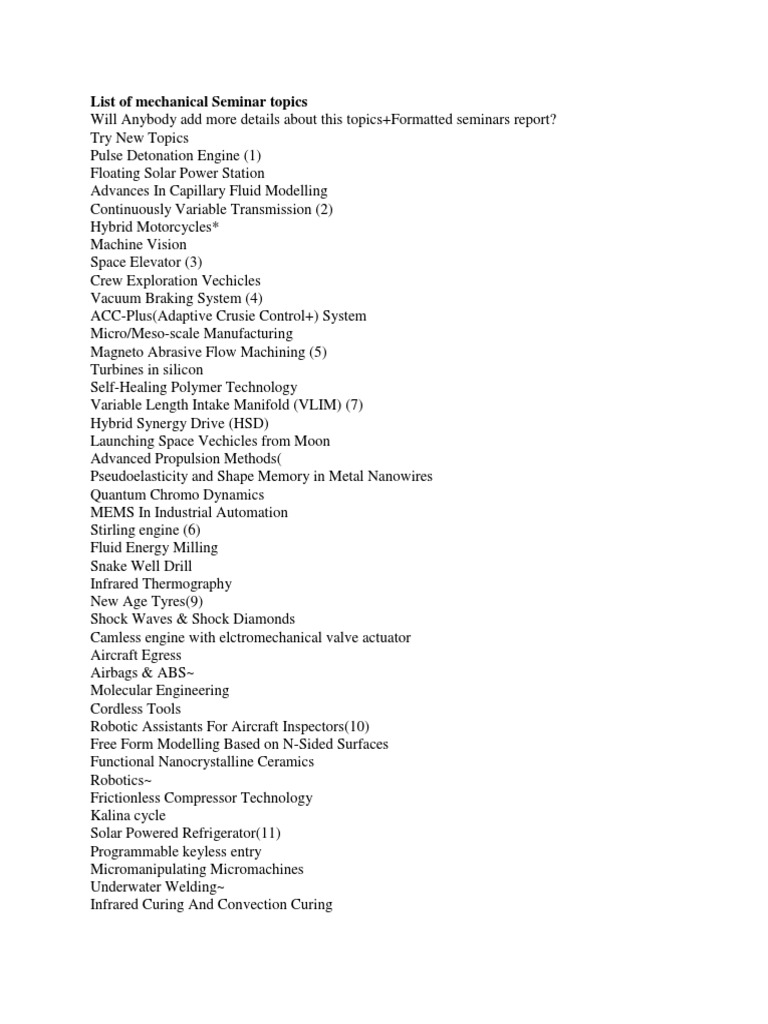 List Of Mechanical Seminar Topics PDF Internal Combustion Engine