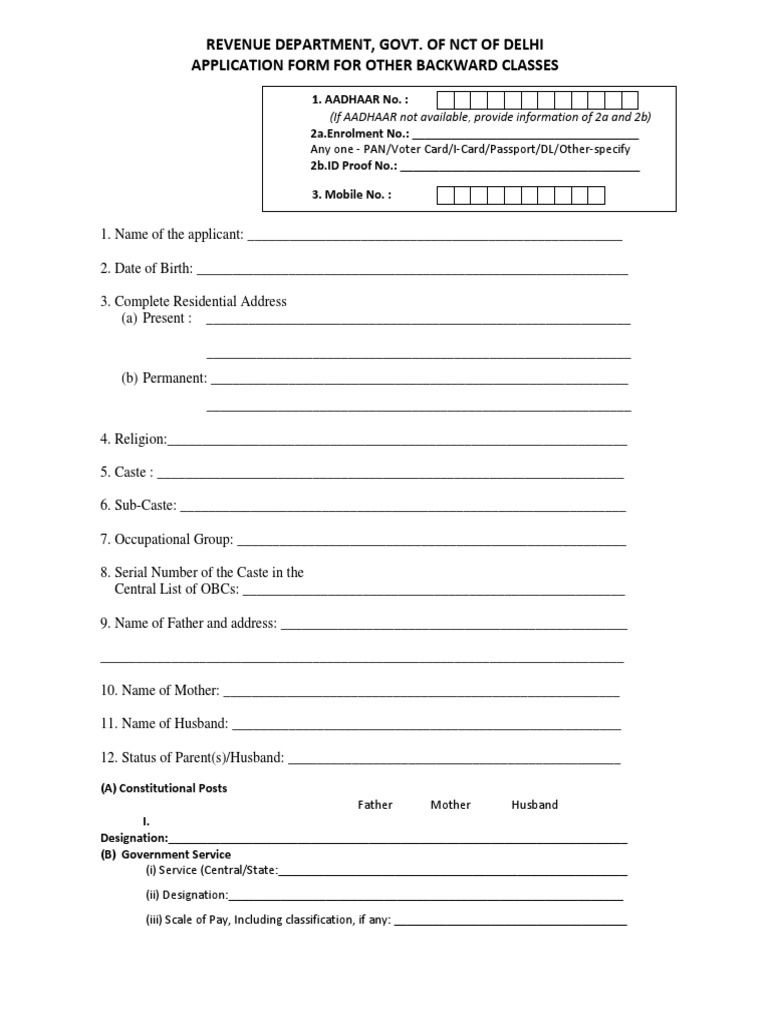Revenue Department, Govt. of NCT of Delhi Application Form For Other ...