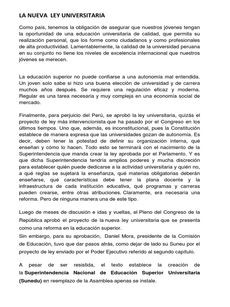 Impacto de la Nueva Ley Universitaria en Perú | PDF | Universidad ...