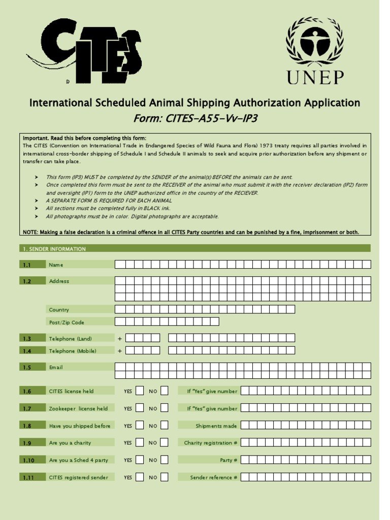 CITES Animal Shipping Authorization Form | PDF | Cites | Endangered Species